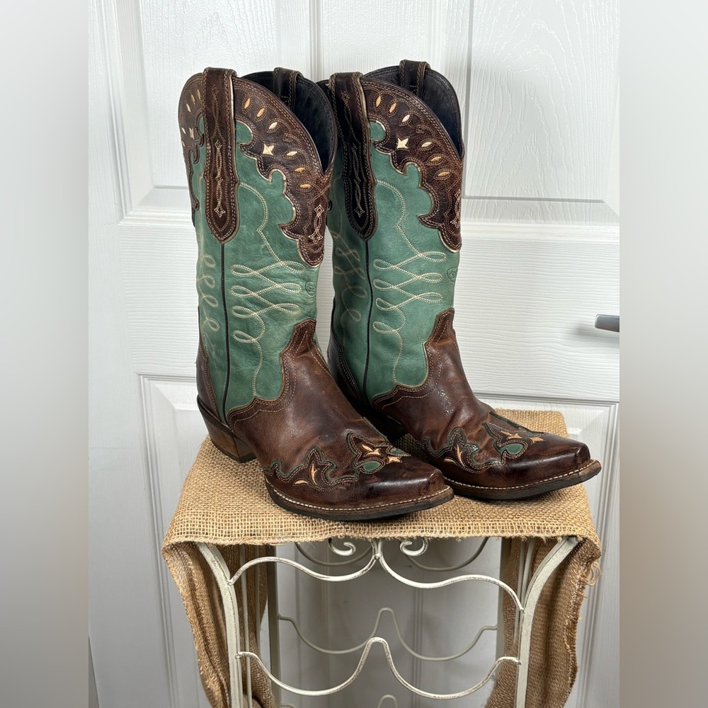Ariat Brown and Teal Western Heeled Cowboy Boots - Picture 3 of 13